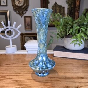 Blue Crystalline Drip Glaze Ceramic Vase - Tall 9.5" Slim Bud Vase Art Pottery